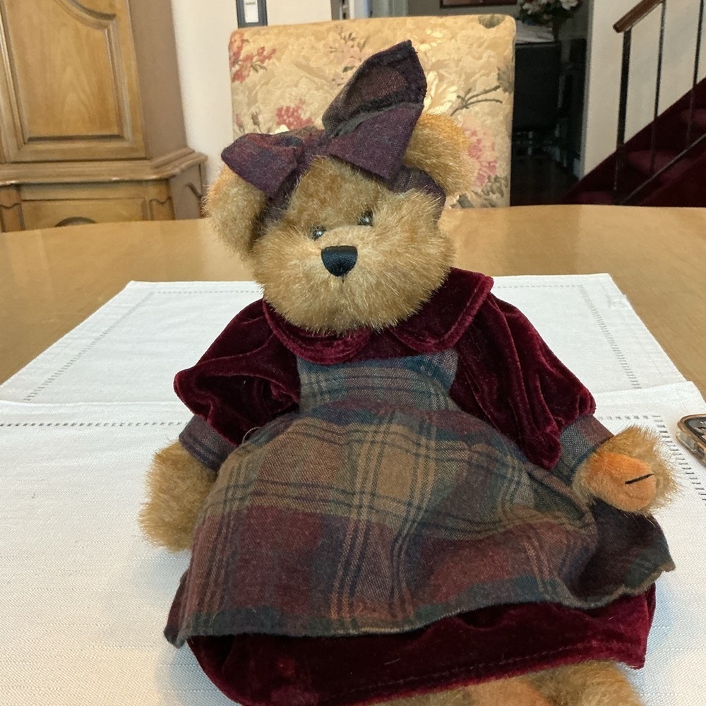 Boyds Bears Stuffed Animal in Red and Brown Plaid Dress